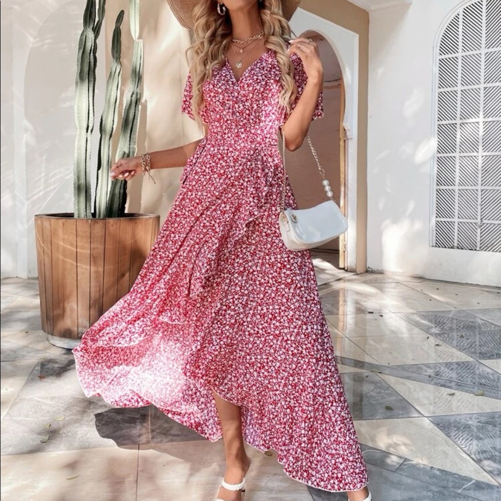 LAST FEW Red floral print ruffle belted high low dress - Picture 5 of 6